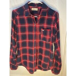 Hollister Button Down Shirt Womens XSmall Red Blue SilverGingham Pattern Flannel